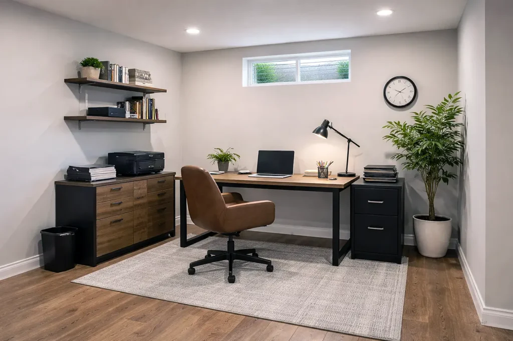 Basement home office with desk, chair, shelving, and natural light window