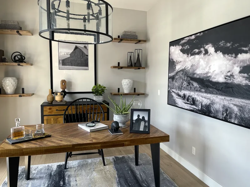 basement home office with desk shelving and built-in storage