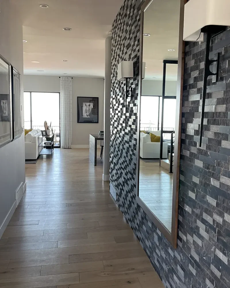 Saratoga Springs Basement Finishing- hallway with thin brick finish