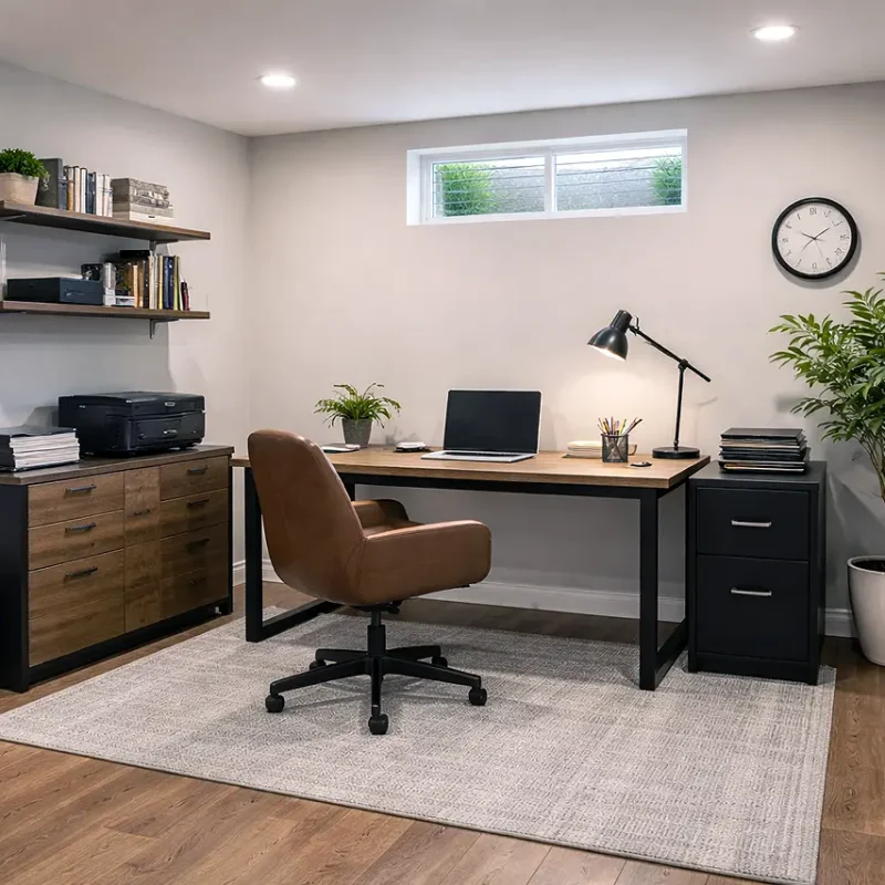 Basement home office with desk, chair, shelving, and natural light window