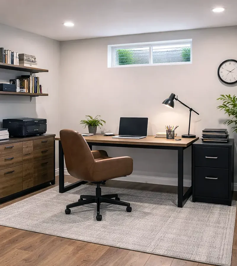 Basement home office with desk, chair, shelving, and natural light window