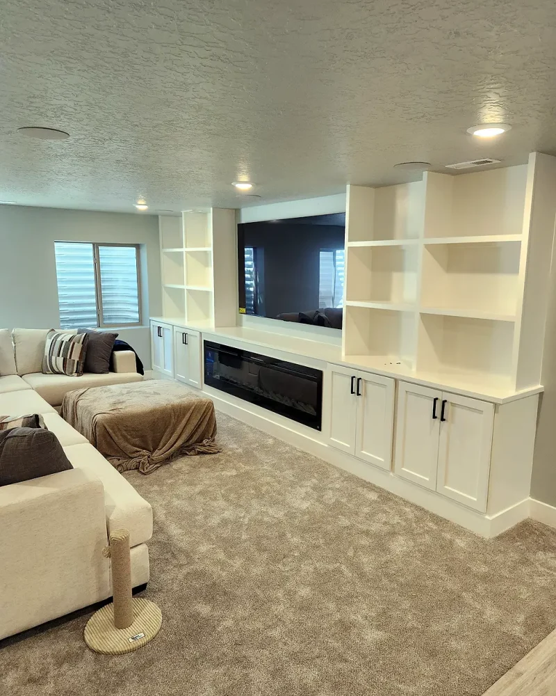 Basement Finishing Utah- family room with custom cabinets