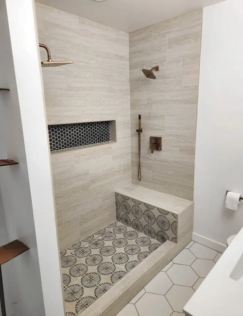 Basement Bathroom shower with custom tile