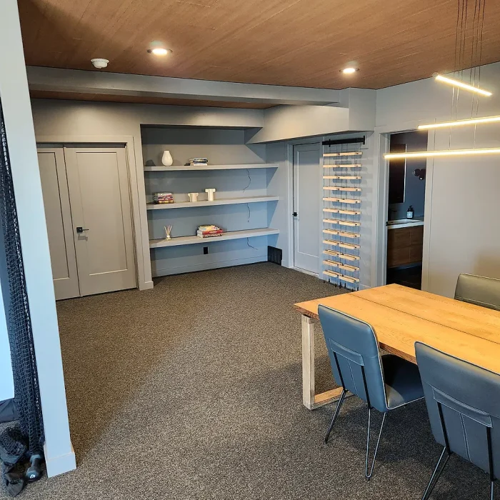 Layton, Utah, Basement Finishing- a basement game room with a wood panel ceiling and custom shelving for games