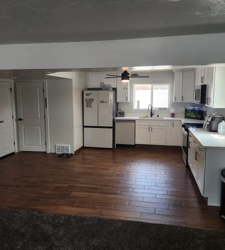 Basement Apartment ADU- custom kitchen with white cabinets