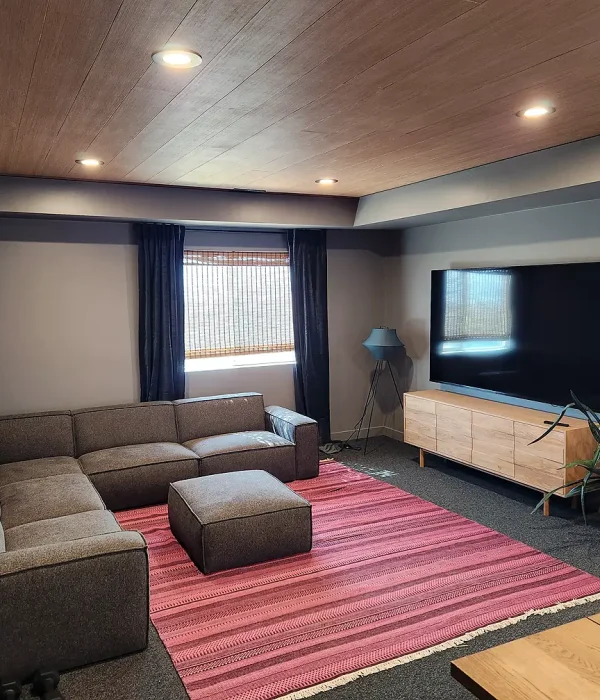 Basement Finishing Utah- basement family room with faux wood ceiling